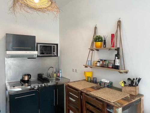 une petite cuisine avec un évier et un micro-ondes dans l'établissement La payotte du Vieux Port, à Marseille