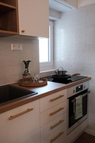 a kitchen with a stove and a sink at Apartmán Teri in Trenčín