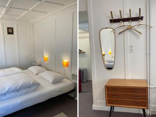 Duas fotografias de um quarto com uma cama e um espelho. em Ferienwohnung Banca Veglia em Sta Maria Val Müstair