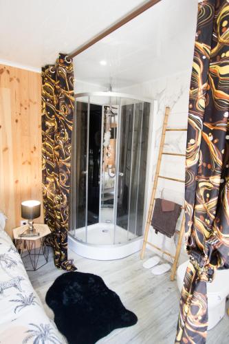 Cette chambre dispose d'une douche en verre avec une échelle. dans l'établissement Chez mumu, à Frévillers