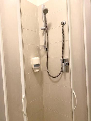 ein Bad mit einer Dusche mit einem Duschkopf in der Unterkunft Hotel Sangro in Mozzagrogna