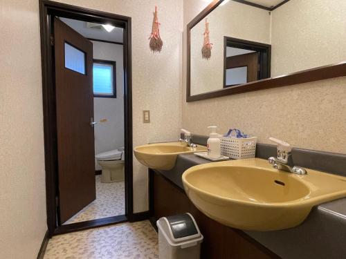 a bathroom with two sinks and a mirror at Hotel Sejour Mint in Hakuba in Hakuba