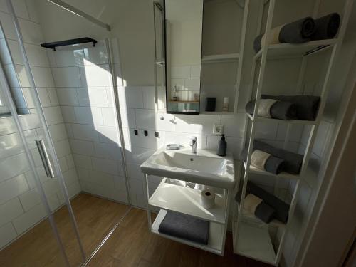 La salle de bains blanche est pourvue d'un lavabo et d'une douche. dans l'établissement s`Lähmes auf der Schwend, à Kappelrodeck