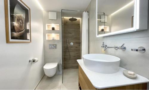 een badkamer met een wastafel, een toilet en een douche bij Luxury Alpine Retreat with Wellness Area in Flims