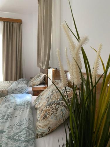 um quarto com duas camas e uma planta em Ξενώνας Ράπτης 