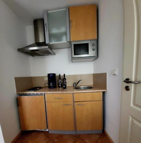 a small kitchen with a sink and a microwave at Weinhaus Helbig in Neustadt an der Weinstraße