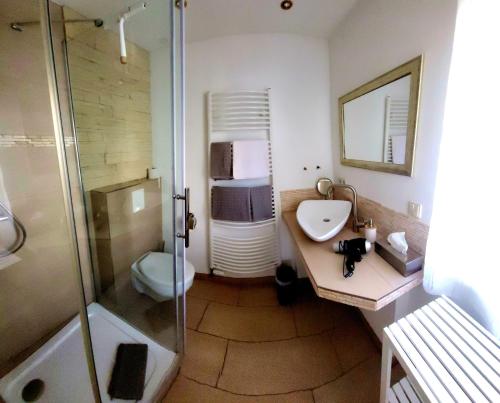 a bathroom with a toilet and a sink and a shower at Weinhaus Helbig in Neustadt an der Weinstraße