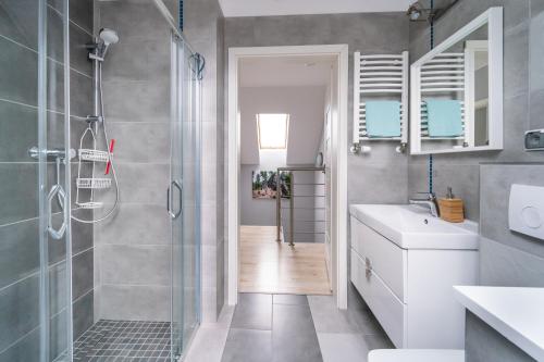 een badkamer met een douche, een toilet en een wastafel bij Apartamenty Eksploris II in Kudowa-Zdrój