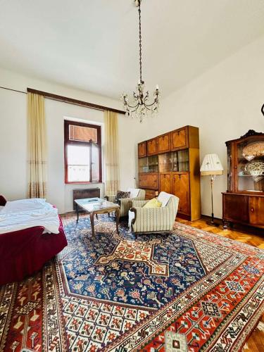 een woonkamer met een bed en een tapijt bij Apartman Katedrala in Sarajevo
