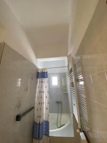 y baño con ducha y cortina de ducha. en Loft Oasis en Chanioti