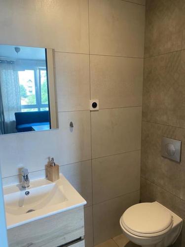 une salle de bain avec des toilettes blanches et un lavabo dans l'établissement La Pause Pétillante, à Sélestat