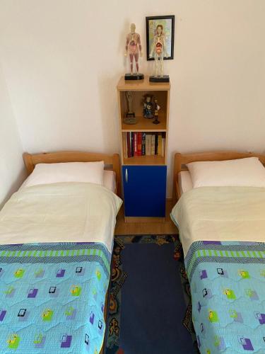 um quarto com duas camas e uma estante de livros em Obiteljska kuća u centru Posušja em Posusje