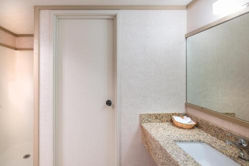 a bathroom with a sink and a mirror at Mountainside Inn 201 by Alpine Lodging Telluride in Telluride