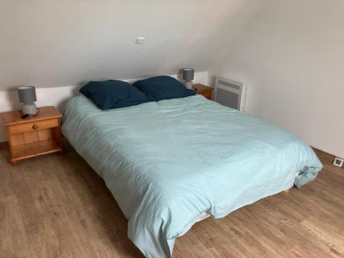 a bedroom with a large bed with blue pillows at Le chat sur le balai in Ecques