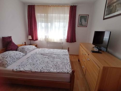 Schlafzimmer mit einem Bett, einem TV und einem Fenster in der Unterkunft Apartment in Zamardi - Balaton 20347 in Zamárdi