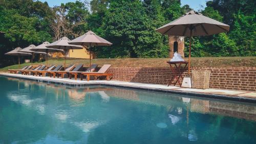 a swimming pool with umbrellas and lounge chairs and a swimming pool at Lunuganga Estate in Bentota