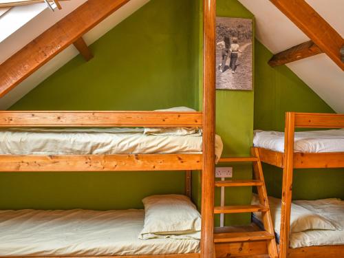 two bunk beds in a green room with a ladder at Ceiliog Bach in Llangennith