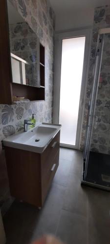 een badkamer met een wastafel, een douche en een raam bij Casa Felice 67 in Termoli