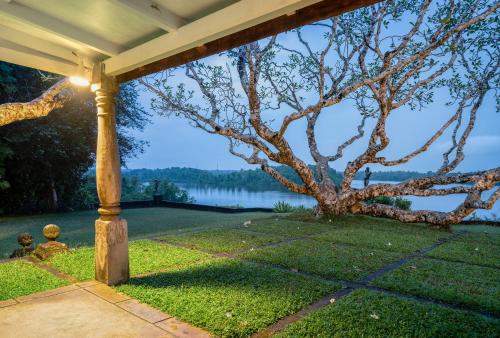 a pergola with a view of a lake at Lunuganga Estate in Bentota