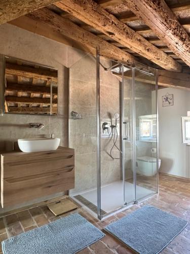 een badkamer met een douche en een wastafel bij Apartment Luka in Rovinj