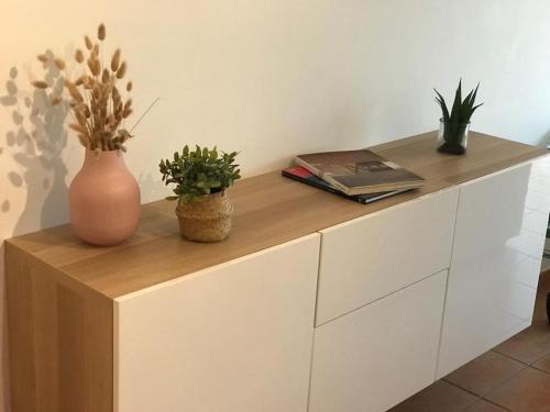 a cabinet with two plants on top of it at T2 Ocean View House in Ericeira