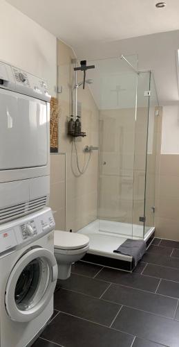 a bathroom with a shower and a washing machine at Gemütliches & schönes Apartment in Ichenhausen
