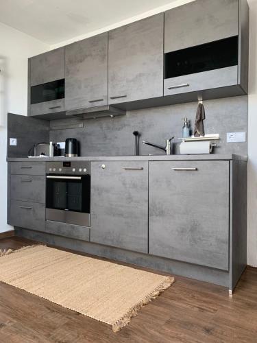 una cucina con elettrodomestici in acciaio inossidabile e un tappeto di Gemütliches & schönes Apartment a Ichenhausen