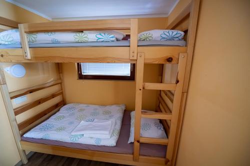 a bedroom with bunk beds in a tiny house at Hiška Amoris K117 Terme Banovci, 2 kopalni karti gratis in Veržej