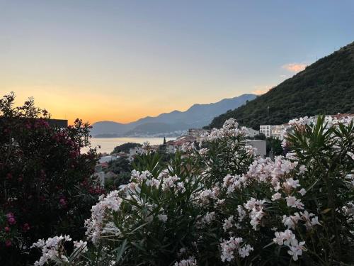 a view of a city with flowers in the foreground at Apartments Sana in Sveti Stefan