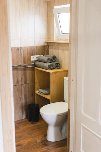 a small bathroom with a toilet and a window at Aizpuri Rose View in Nīca