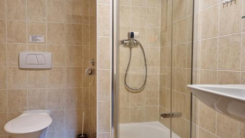 a bathroom with a shower with a toilet and a sink at Pension Helena Honesová in Horská Kvilda