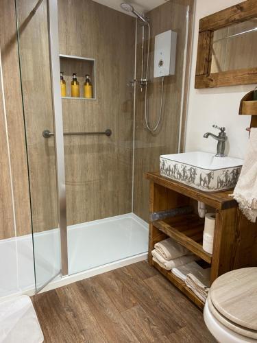 a bathroom with a shower and a sink at The Stable - NC500 in Wick