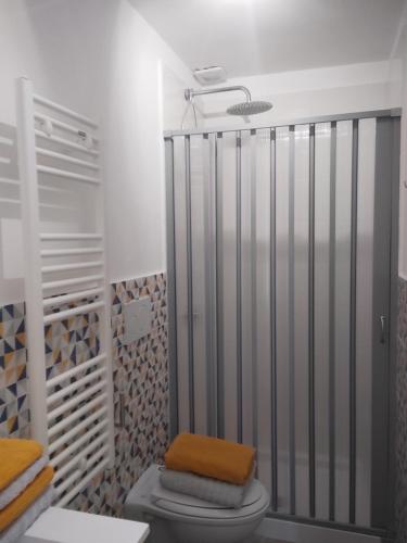 y baño con ducha, aseo y toallas. en Impero5 Guest House, en Acquaviva delle Fonti