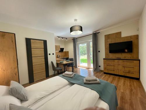 1 dormitorio con 1 cama grande, TV y escritorio en Apartamenty MarSyl en Jastrzębia Góra