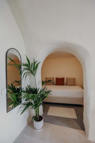 a bedroom with a bed and a mirror and a plant at Villa Patitiri cave house with private pool in Megalochori Santorini in Megalokhori
