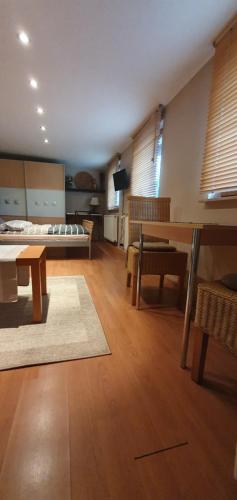 a living room with a bed and a table at Garden Apartment in Düsseldorf