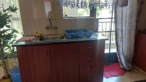 un comptoir de cuisine avec un évier et une fenêtre dans l'établissement Lux Suites Green City Gardens Syokimau, à Nairobi