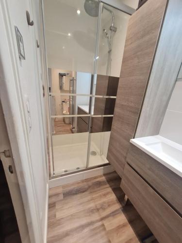 une douche avec une porte vitrée dans une salle de bain dans l'établissement 24H du Mans - Hyper centre - appartement lumineux 180 m2 - 4 chambres - 2 SDB, au Mans