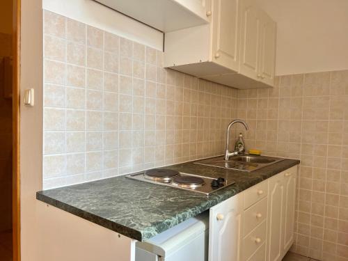 a kitchen with a sink and a counter top at Apartmani Bona in Biograd na Moru