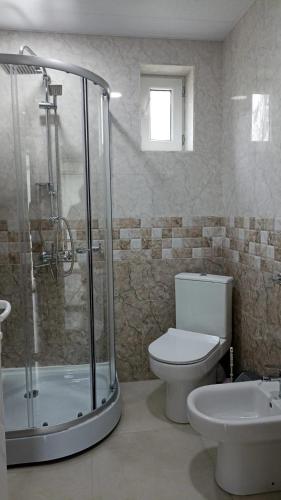 a bathroom with a shower and a toilet and a sink at Mountain flower cottage in Stepantsminda