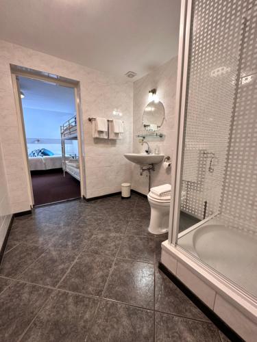 a bathroom with a shower and a toilet and a sink at Hotel De Lange Akker in Berg en Terblijt