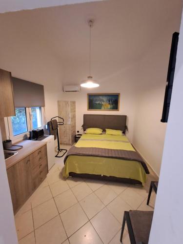 a bedroom with a large bed and a kitchen at ANAFIS COZI in Athens