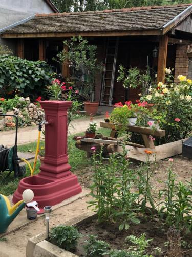 a garden with a red statue in front of a house at Nantucket GuestHouse in Vrbas