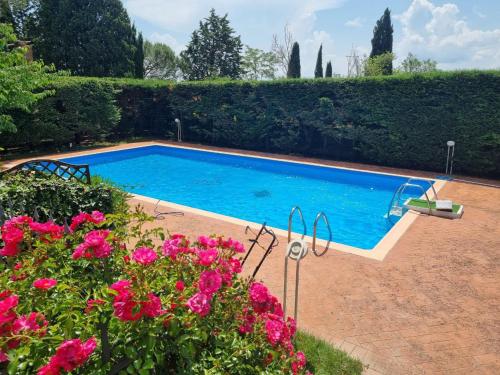a swimming pool in a garden with pink flowers at Gli ulivi di Siena in Siena