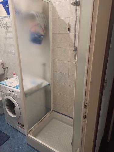 a shower stall with a washing machine in a bathroom at Stanza Maggiore in Parma