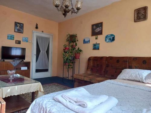 a bedroom with a bed and a couch and a television at Vintage Vibes - Family Flat in a Quiet Area in Sliven