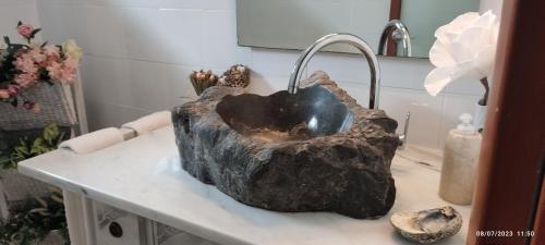 a rock sitting on a counter next to a sink at Villa De Lux with pool in Quinta do Anjo