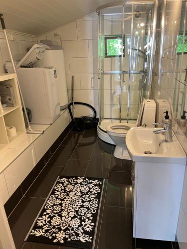 uma casa de banho com 2 WC, um lavatório e um chuveiro em Koselig lite hus nær sentrum em Arendal