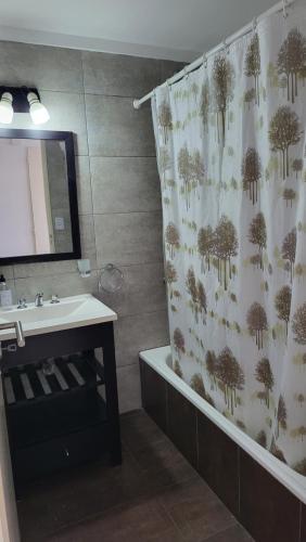 a bathroom with a sink and a shower curtain at Luminoso departamento en Morón in Morón