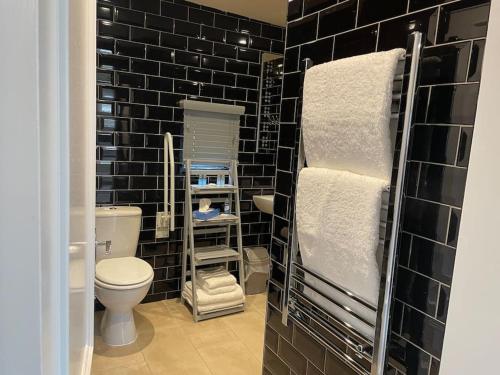 a bathroom with black tiled walls and a toilet and towels at One bedroom bungalow with private garden at Parkland, near Kingsbridge in Kingsbridge